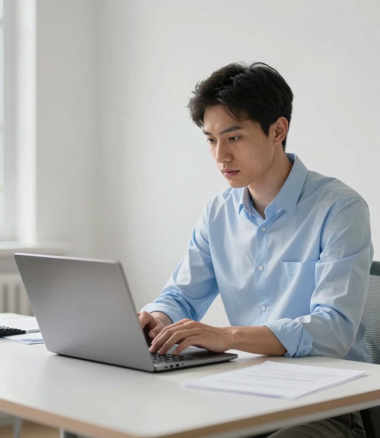 A professional accountant in a light blue shirt working on a laptop in a bright, modern minimalist office, Southern European setting, clean composition with soft shadows.