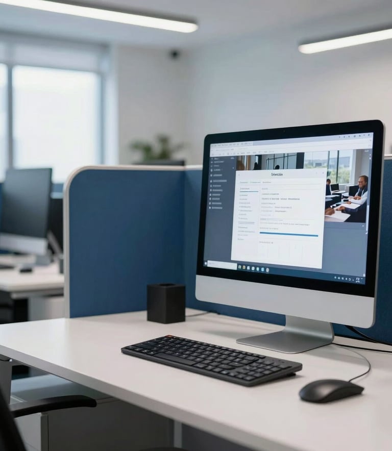 A bright, clean Southern European office interior with deep blue and soft white accents. A professional desk setup features a modern computer showing business software, reflecting efficiency and precision in an Italian corporate environment.