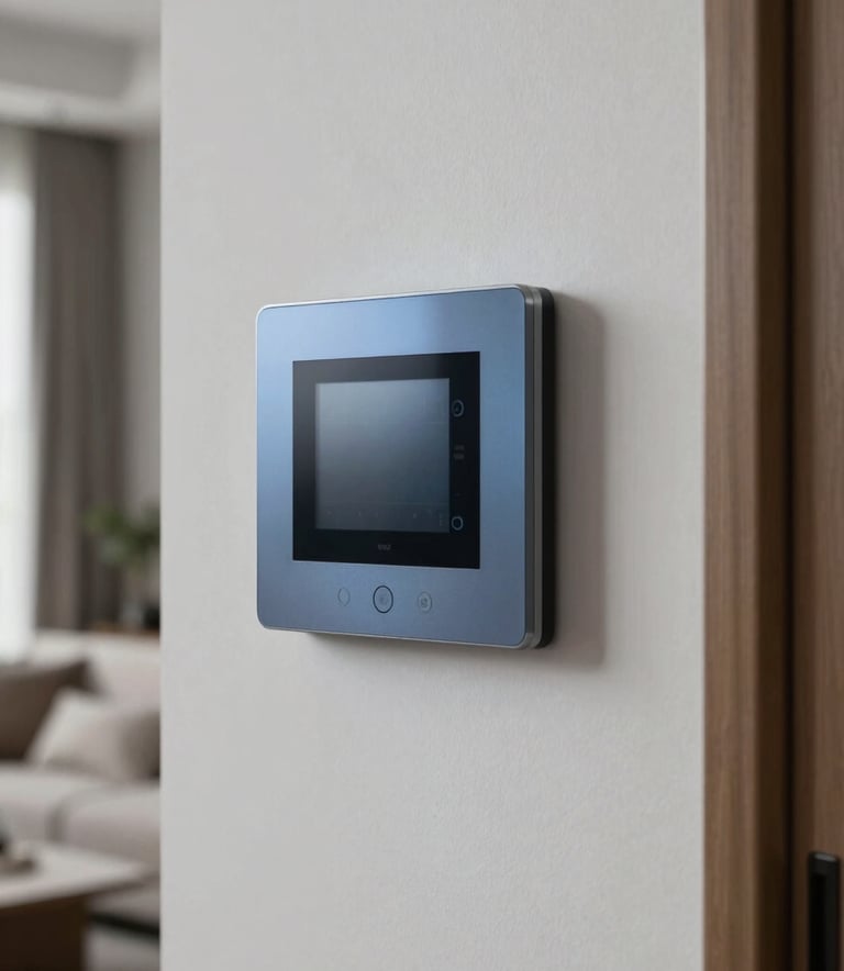 Close-up of a modern smart home wall-mounted control panel in a North American / US living room. The interior design is sophisticated with pale mist walls and muted steel blue accents, reflecting technical expertise.