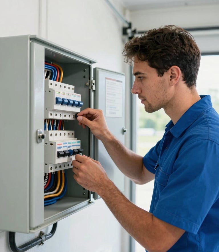 A professional electrician in a clean uniform inspecting a modern circuit breaker panel in a well-lit residential garage in North America / US. The scene is sophisticated and bright, highlighting technical expertise with accents of sky blue and light gray.