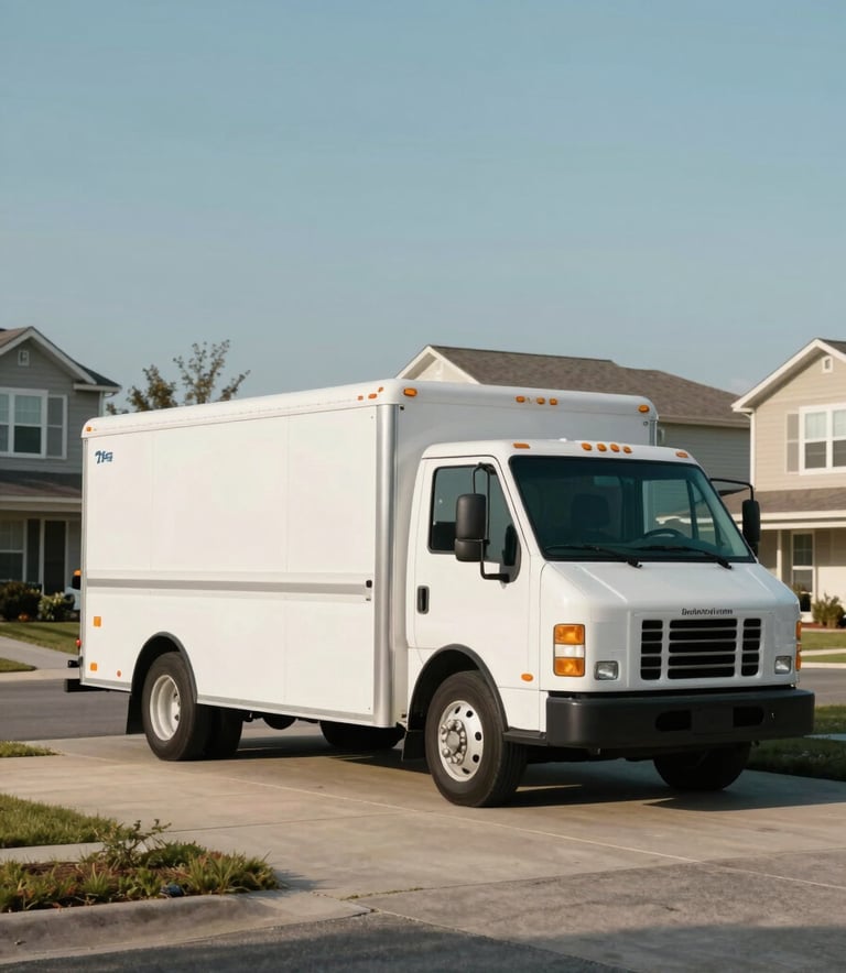 A service truck with professional branding parked in a clean driveway of a North American / US residential neighborhood during the day. The sky is a soft dusty blue, and the atmosphere is reliable and modern.