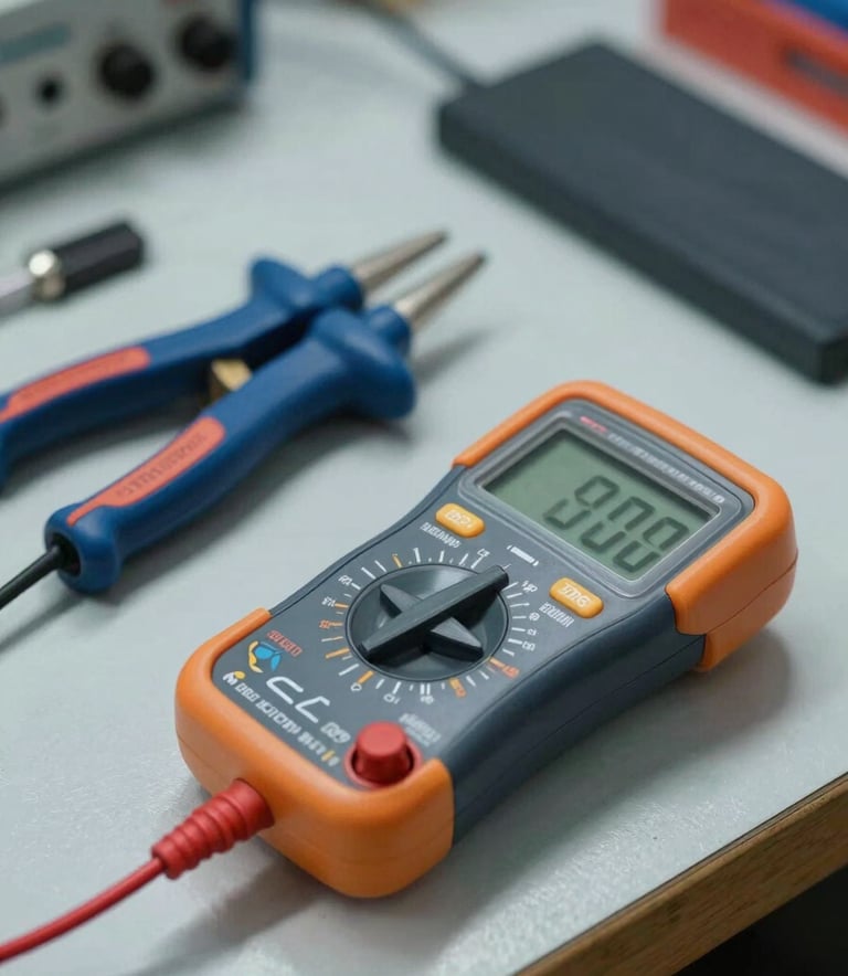 A close-up photograph of specialized professional electrical tools and a digital multimeter sitting on a clean workbench in a North American / US technical workshop. The lighting is bright and clear, emphasizing efficiency and modern technology with a palette of steel blue and dark navy.