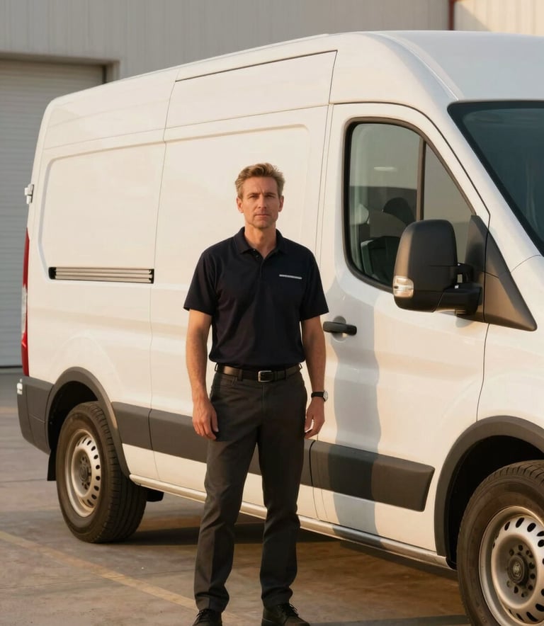 A professional driver in a North American / US logistics hub, standing confidently next to a modern white van. The lighting is warm and golden, reflecting off surfaces with soft sand and cream tones. The composition is clean and minimalist, echoing a premium service aesthetic.