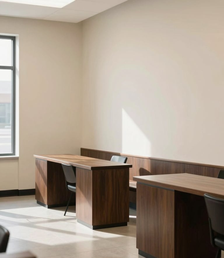 A clean, minimalist shot of a modern transport office in North America / US. Soft natural light illuminates cream-colored walls and dark espresso furniture. The atmosphere is professional, quiet, and efficient.