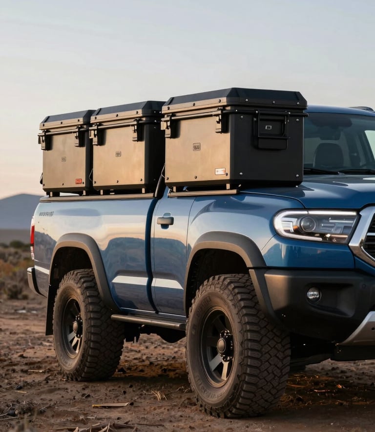 A powerful pickup truck parked in a rugged South American landscape, featuring a heavy-duty, matte black anti-theft storage box from Boks. The lighting is dramatic morning sunlight, highlighting the industrial strength and metallic textures. Colors include steel blue and dark navy.