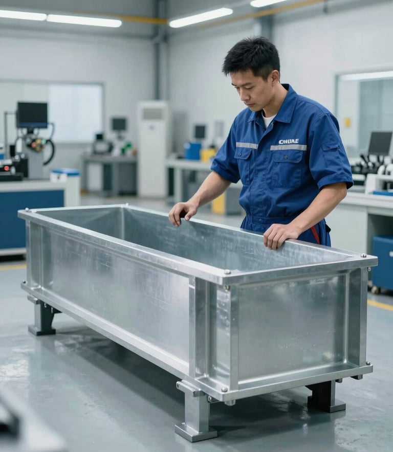 A professional industrial workshop in Argentina. An engineer is inspecting a heavy-duty steel pickup box. The environment is clean, modern, and lit with bright, cold industrial lighting, emphasizing steel blue and ghost white tones.
