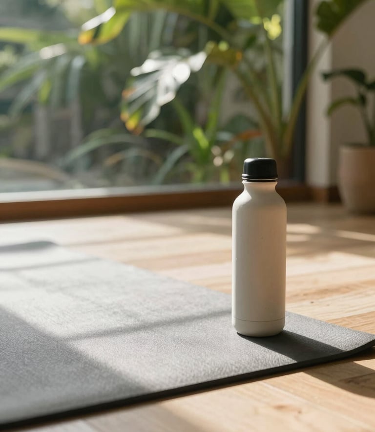 A bright and airy South American sunroom featuring a yoga mat and a ceramic water bottle on a light wood floor, with tropical green plants visible in the background, captured in soft natural morning light.