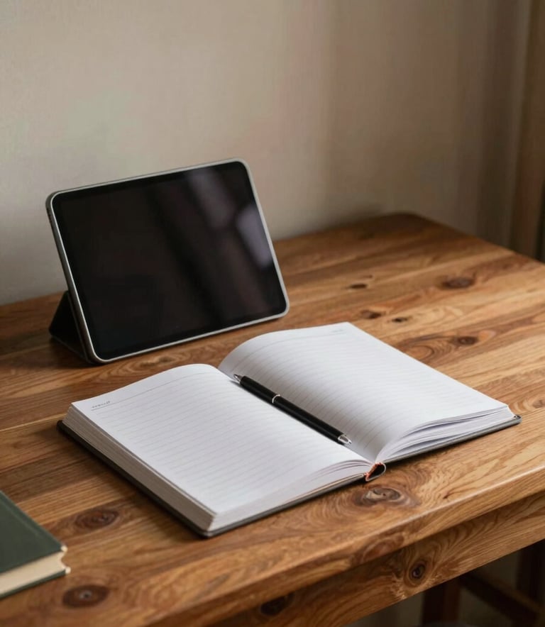 A cozy study nook in a South American home, featuring a wooden desk, an open notebook, and a tablet, with warm lighting creating an inviting and professional atmosphere.