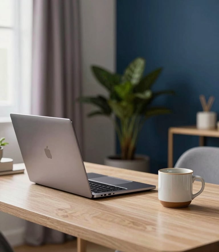 A cozy and sophisticated home office in Brazil, featuring a clean wooden table with a high-end laptop and a ceramic mug. In the background, a soft-focused indoor plant and a window with light violet curtains. Professional yet relaxed photography style with off-white and deep blue tones.