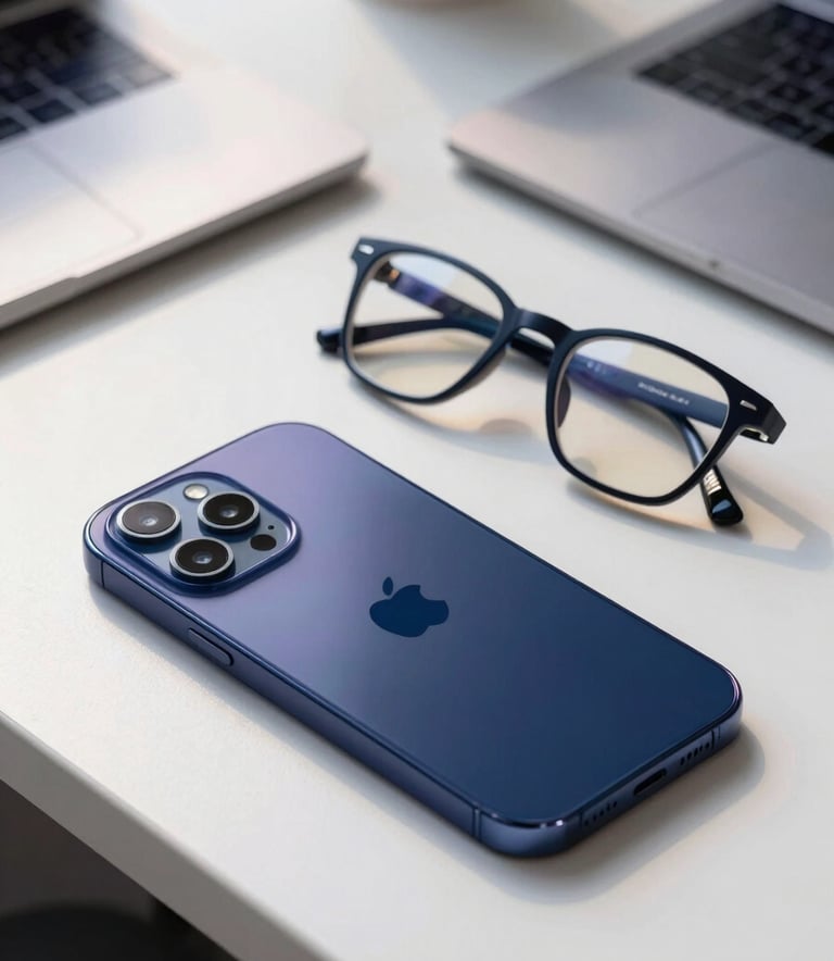 A close-up of a modern smartphone and a pair of professional glasses resting on a sleek white desk in a South American office. Soft afternoon sunlight highlights textures of the desk. The scene uses a sophisticated palette of deep blue and light lavender to convey trust and innovation.