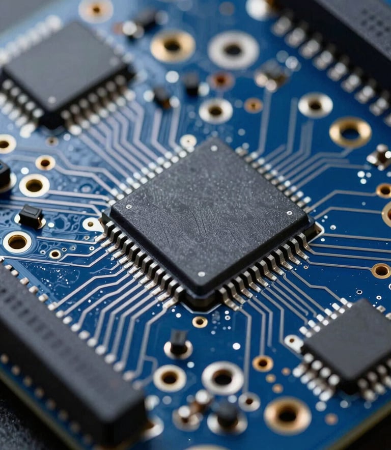 A close-up, high-detail shot of a custom-designed electronic circuit board with clean soldering, incorporating a palette of deep blues (#0D1B2A) and silver highlights (#E0E1DD), reflecting cutting-edge innovation.