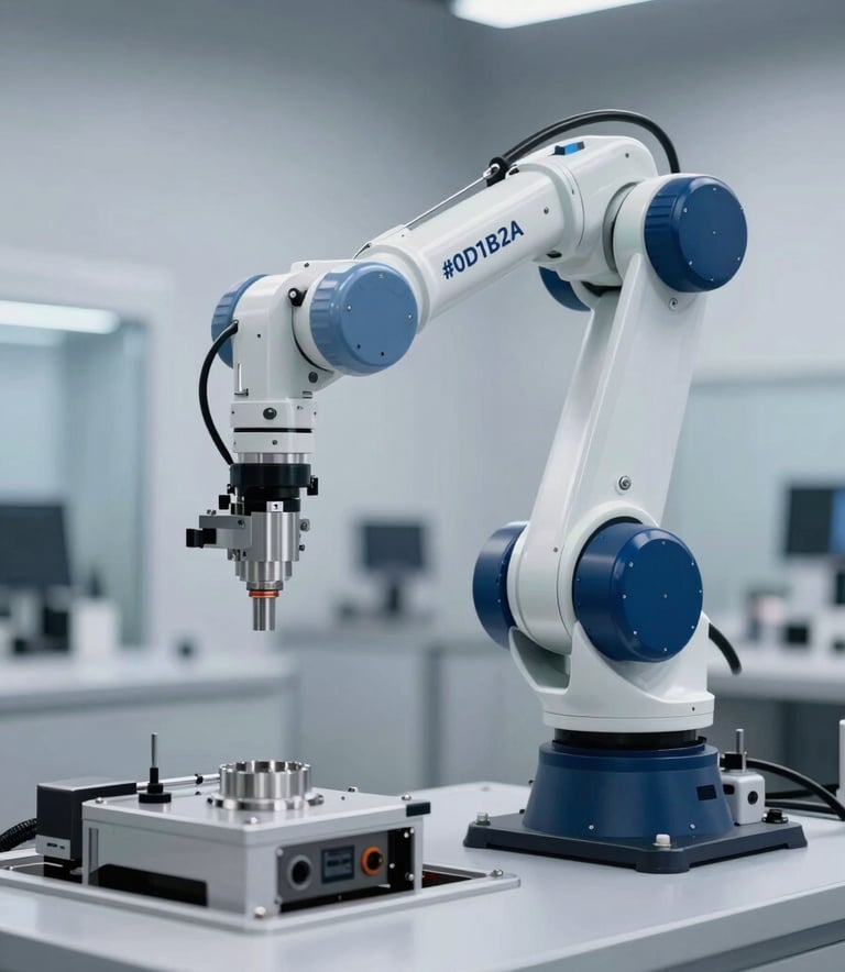 A high-tech industrial automation setup featuring a robotic arm and a control interface. The aesthetic is clean and professional with sharp lines, incorporating the brand colors #0D1B2A and #415A77. Soft studio lighting highlights the precision of the engineering components.