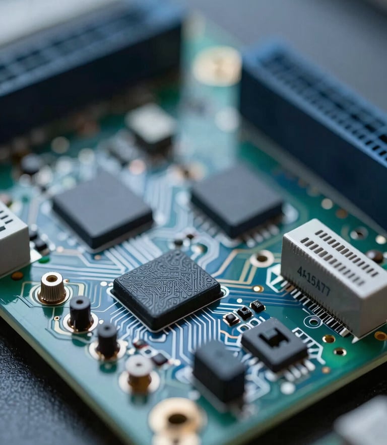 Close-up of a sophisticated electronic circuit board and control hardware designed for custom automation. Sophisticated lighting, shallow depth of field, reflecting a mood of technical excellence and cutting-edge innovation. Colors include #415A77 and metallic silver accents.