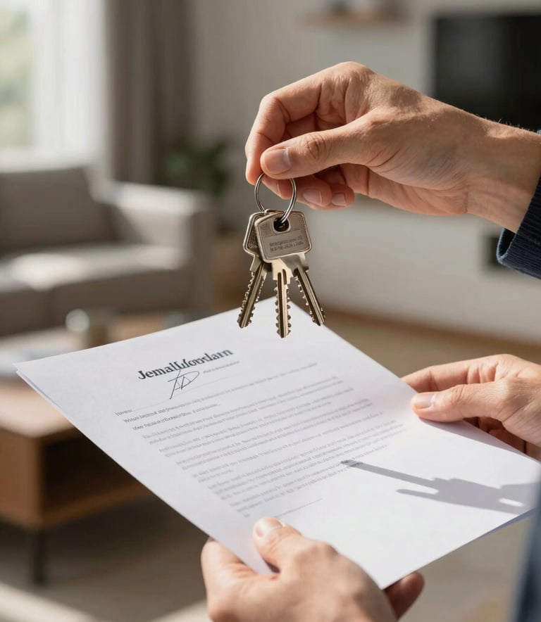 A close-up photograph of a person's hands holding a set of house keys and a signed document in a sunlit, modern North American residential setting, symbolizing financial achievement.