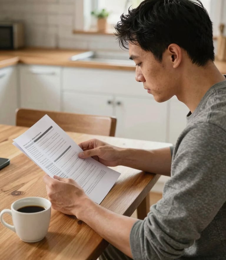A side view of a focused individual sitting at a wooden kitchen table in a North American home, reviewing financial papers with a cup of coffee nearby, shot in natural morning light.
