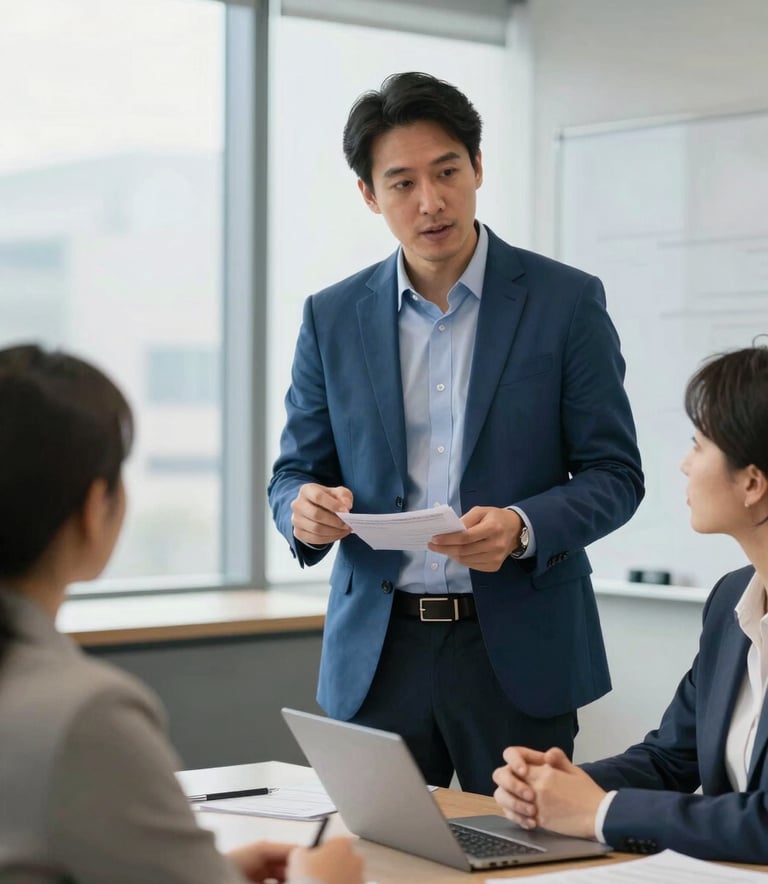 A professional North American male educator in a modern meeting room, explaining financial concepts to a focused couple, bright airy atmosphere, blue professional attire.