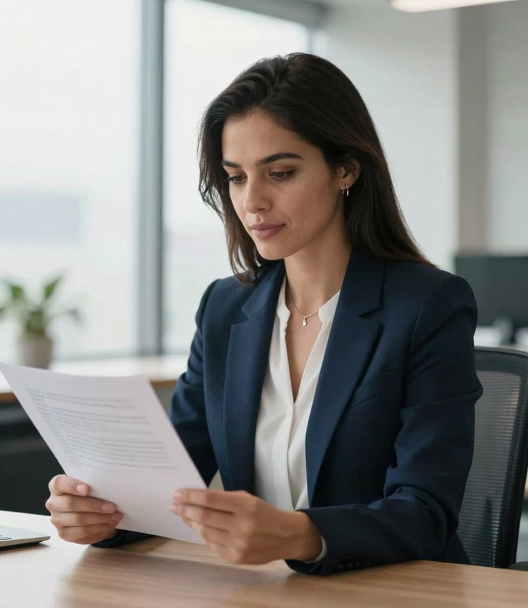 A professional North American woman in a bright, modern office looking confidently at a financial document, soft natural light, clean professional setting with deep navy blue accents.