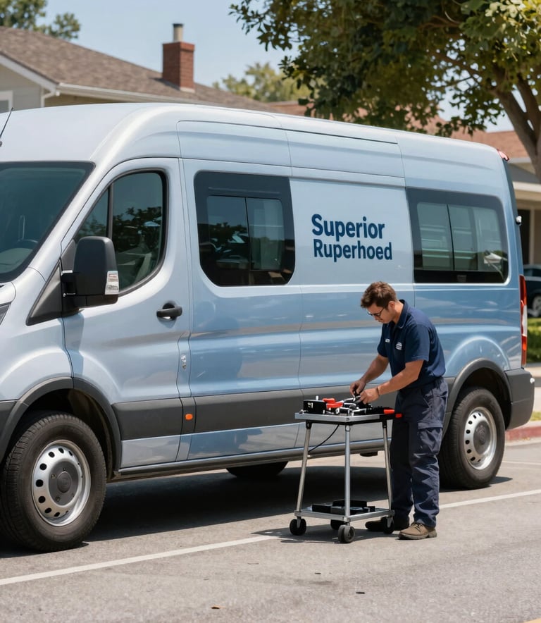 A professional mobile service van branded with minimalist steel blue detailing, parked on a clean, sunny North American suburban street. A technician in professional attire is expertly preparing tools. The lighting is bright and confident, emphasizing reliability and superior service.