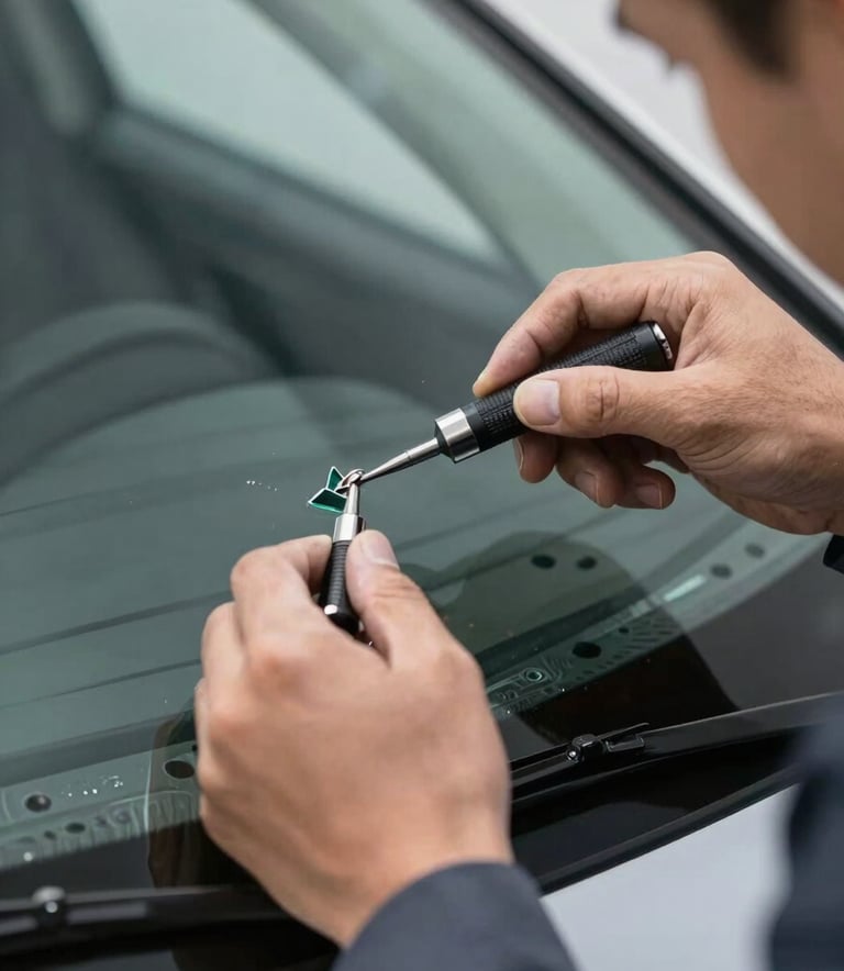 A close-up photograph in a North American setting of a technician's hands using precision tools to repair a small chip in a car windshield. The lighting is bright and professional, highlighting the clarity of the glass and the metallic finish of the tools. Muted Blue-Grey and Deep Slate tones are visible in the technician's high-quality work attire.