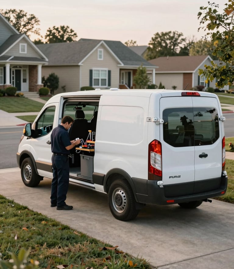 A wide-angle shot of a professional mobile service van parked in a clean North American suburban driveway. A technician in a Dark Navy uniform is organized and efficient, preparing tools. The scene conveys reliability and security under the soft morning light of a US neighborhood.