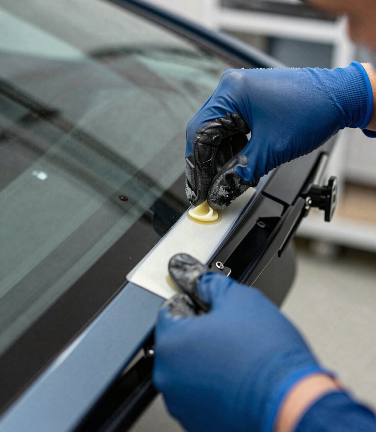 A close-up photograph of a professional technician's gloved hands precisely applying high-grade adhesive to the edge of a new windshield. The lighting is crisp and natural, set in a professional North American workshop environment, highlighting the precision and cleanliness of the work. The color palette features slate blue and steel blue tones.