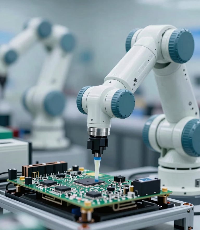 A clean, high-tech industrial setting showing a precision robotic arm applying electronic adhesive to a circuit board. The lighting is bright and technical. The color palette features whites and metallic silvers with accents of #2F4F6F and #6A8CA9, conveying a sophisticated manufacturing environment.