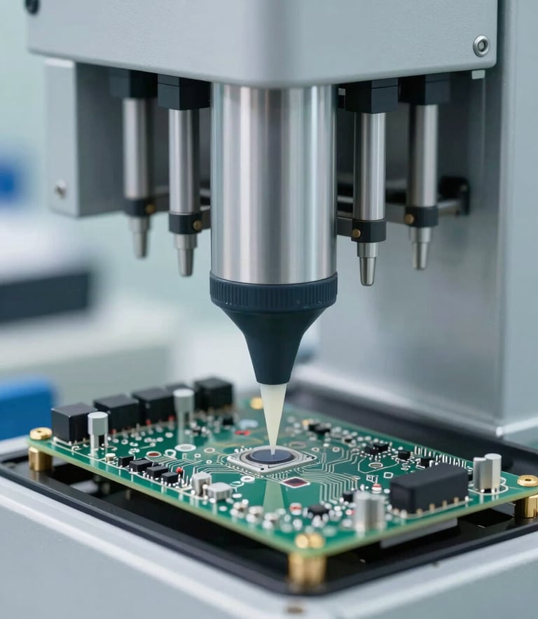 Industrial automated dispensing machine applying high-precision electronic adhesive to a circuit board in a clean-room environment. Soft technical lighting, reflecting #6A8CA9 tones.