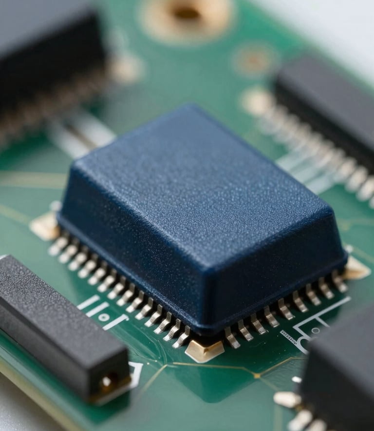 Close-up of a high-power electronic module with precision-applied thermal interface material. Technical lighting highlighting the texture of the compound. Color palette includes #0F1C2E and #6A8CA9. Professional macro photography.