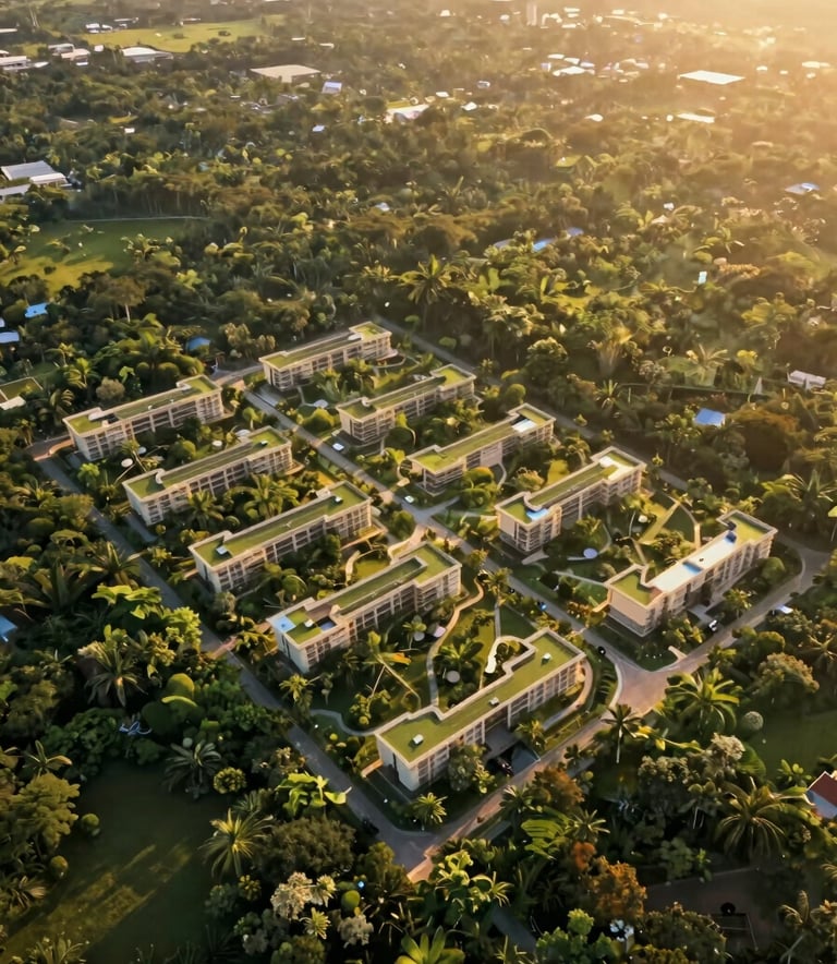 High-angle drone shot of an exclusive land development in Yucatán at golden hour. The landscape shows organized, minimalist geometric plot divisions surrounded by lush low-jungle vegetation. The lighting is cinematic, reflecting a premium investment opportunity. The color palette incorporates deep greens and warm golden tones consistent with #5A6B4F and #C2A96A.