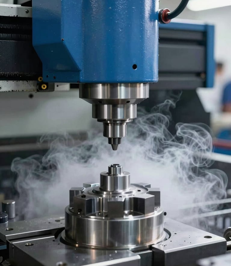 A high-speed CNC metalworking machine in a South Asian / Indian facility using cutting oil to produce precision components. Cloud white mist and steel blue metallic surfaces dominate the frame.