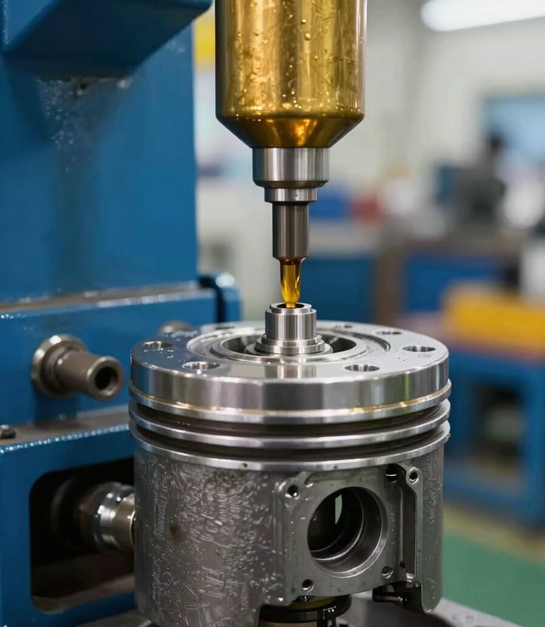 Close-up of golden hydraulic oil being precisely applied to a heavy-duty industrial piston in a South Asian / Indian manufacturing plant. The background shows steel blue machinery.