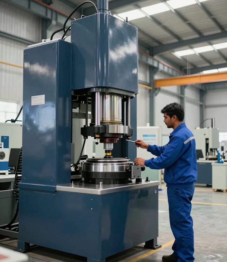 A wide-angle professional photograph of a clean, modern industrial facility in a South Asian / Indian manufacturing hub. A skilled professional in a steel blue uniform is inspecting a large hydraulic machine. The atmosphere is bright and efficient, with a color palette of deep navy and soft mist reflecting from the polished surfaces.