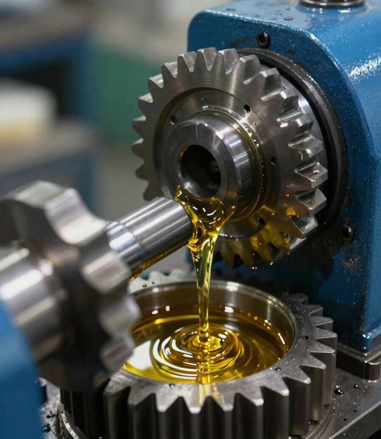 A macro photograph of high-precision gear components being treated with a golden-hued industrial gear oil in a South Asian / Indian engineering workshop. The lighting is crisp, highlighting the viscosity of the oil and the clean steel blue and deep navy machinery parts.