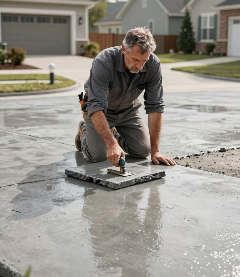 A professional mason in clean work attire finishing a fresh concrete driveway in a modern North American / US suburban neighborhood. The scene features smooth silver grey concrete and slate grey finishing tools, reflecting seasoned expertise and reliability.