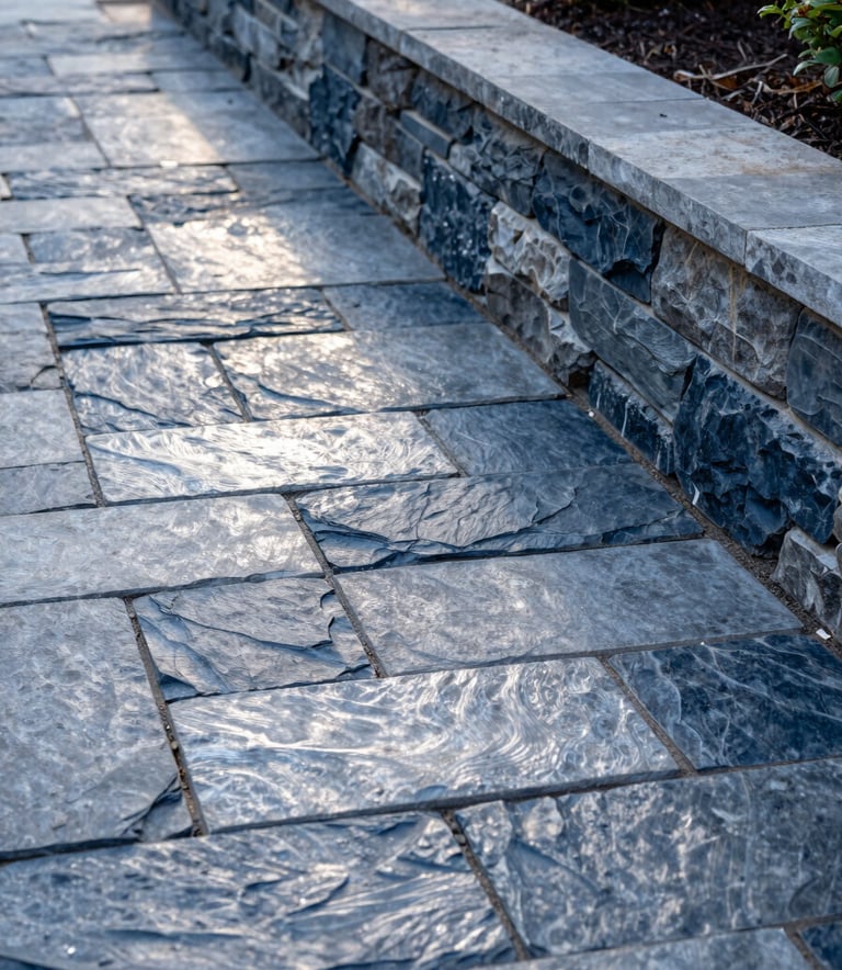 A detailed close-up shot of a newly installed flagstone path and a sturdy stone retaining wall featuring dark slate blue tones in a well-maintained North American / US garden. The lighting is soft afternoon sun, emphasizing the professional craftsmanship and textured silver grey surfaces.