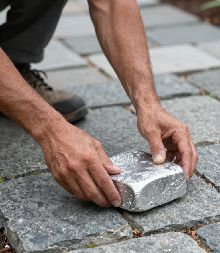 Detailed photograph of a stone mason's hands carefully placing a silver flagstone into a path in a North American / US residential garden.