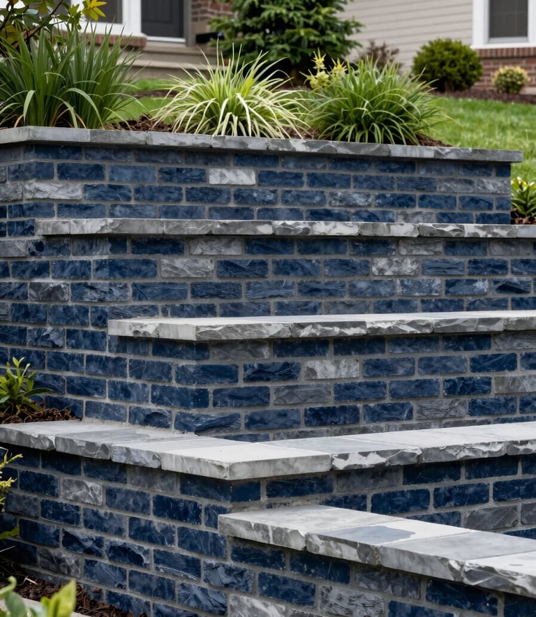 Professional architectural photograph of a multi-tiered retaining wall made of dark navy blue and slate grey bricks, integrated into a lush North American / US residential landscape.