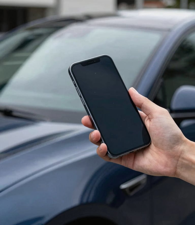 A professional close-up of a high-end smartphone being used to photograph a sleek modern car in an Oceanian urban setting, soft daylight, navy blue reflections.