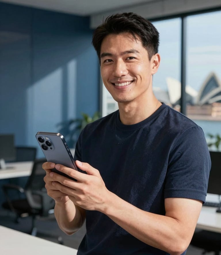 A professional tech influencer in a modern Sydney office setting, holding a sleek mobile phone and looking at the camera with a confident smile. Soft sunlight, depth of field with a navy blue and steel blue interior background, Oceanian / Australian vibes.