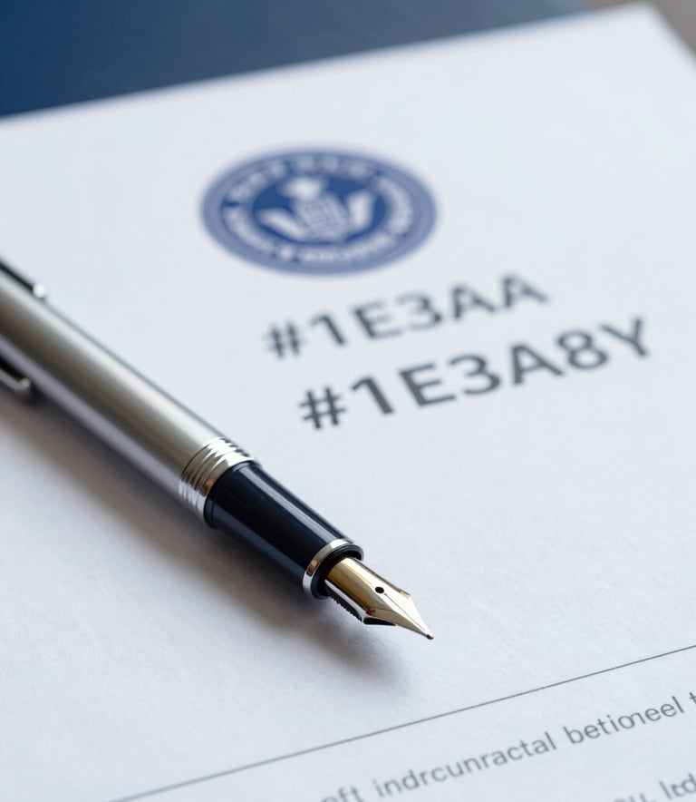 A close-up, high-angle shot of a silver fountain pen resting on a crisp legal document with a professional notary seal. The lighting is bright and clean, reflecting a modern office setting. The color palette includes sophisticated navy blues (#1E3A8A) and bright whites (#F7FAFC) for a trustworthy, official feel.