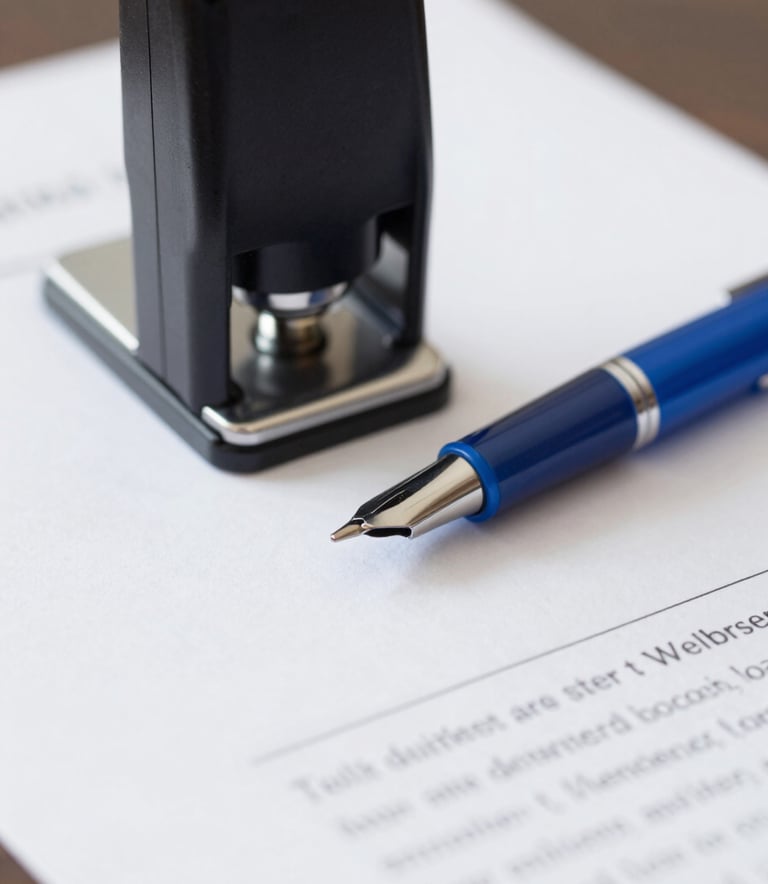 A close-up shot of a professional notary embosser and a blue ink pen sitting on a clean, white legal document. The lighting is bright and modern, with soft shadows and hints of #1E3A8A in the pen casing.