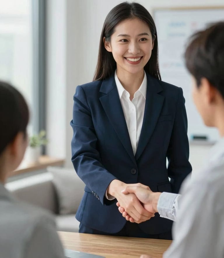 A friendly professional notary in a navy blue suit shaking hands with a client in a modern home setting. The atmosphere is trustworthy and efficient, with natural light and a clean aesthetic.