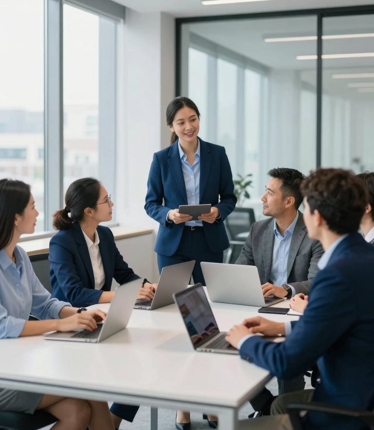 A modern, professional office setting with large windows and natural light. A diverse team of experts is collaborating around a clean white table, reflecting a trustworthy and approachable corporate atmosphere. The scene includes subtle accents of deep blue (#0A2C42) and soft blue (#6C9DD1) in the office decor and furniture.