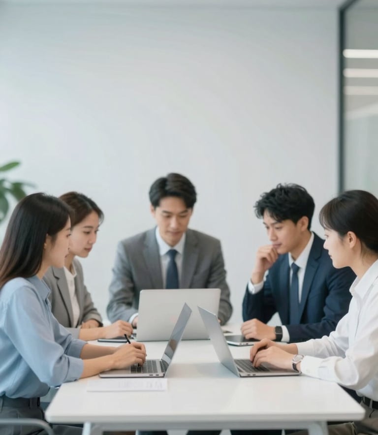A modern, well-lit corporate office environment with a professional team collaborating at a clean white table, featuring soft blue #6C9DD1 accents in the decor, minimalist style.