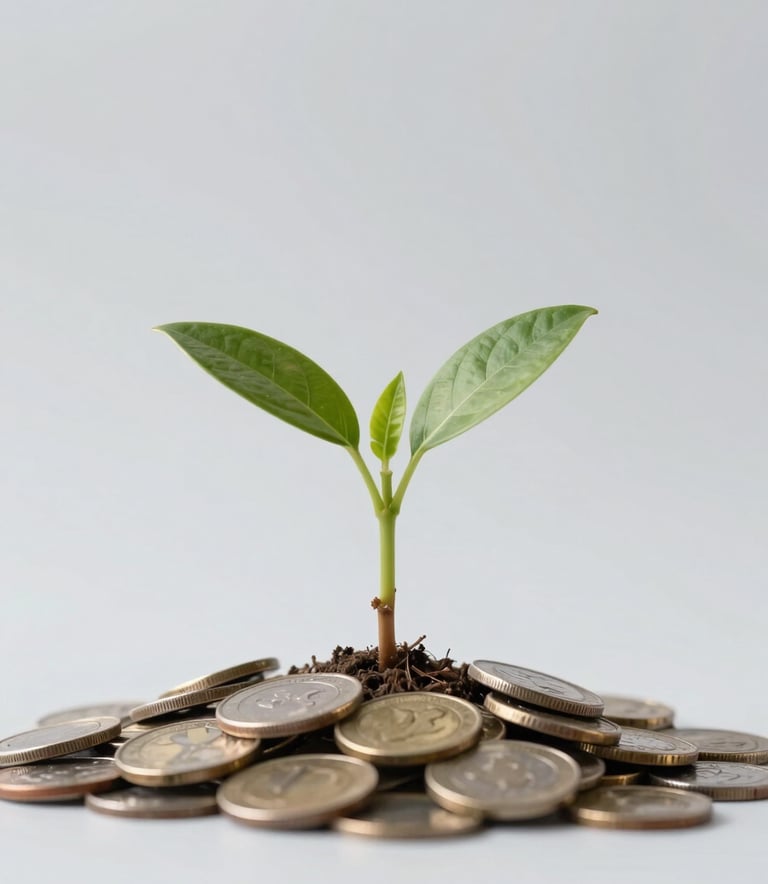 A conceptual, high-quality image of a small green plant growing out of a pile of coins on a light gray #DFE6EB background, symbolizing financial growth and security.