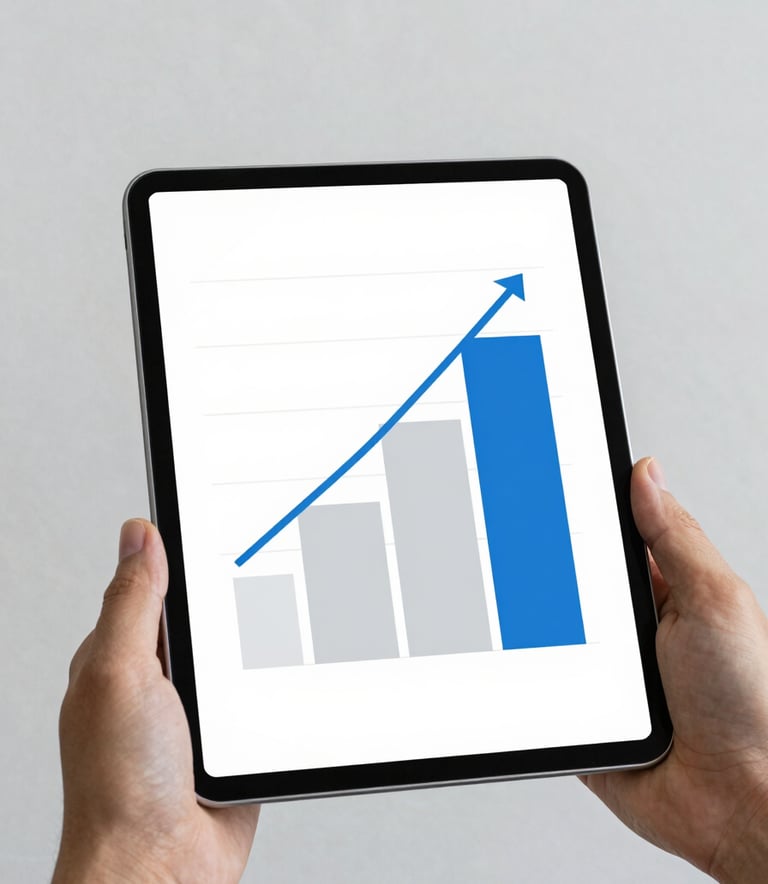 A minimalist and clean composition showing a close-up of a person's hands holding a digital tablet displaying growth charts. The aesthetic is modern and professional, utilizing a color palette of white, light blue (#6C9DD1), and grey (#DFE6EB) to convey security and financial planning.
