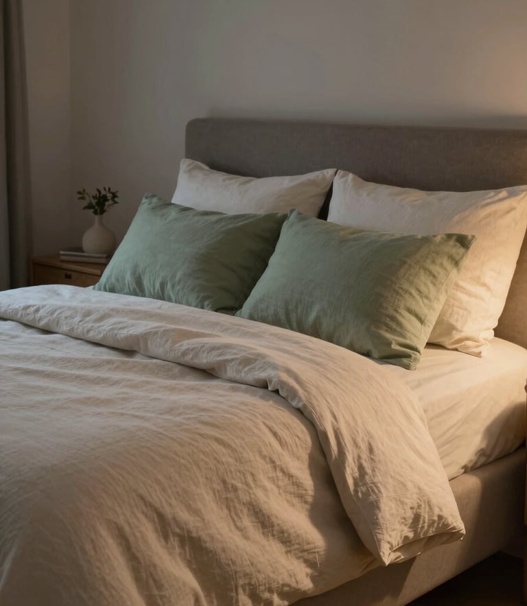 A peaceful North American bedroom at dusk, featuring soft linen textures in cream and sage green. Low-key, warm ambient lighting creates a serene atmosphere, avoiding clutter to suggest a space designed for rest and mental settling.