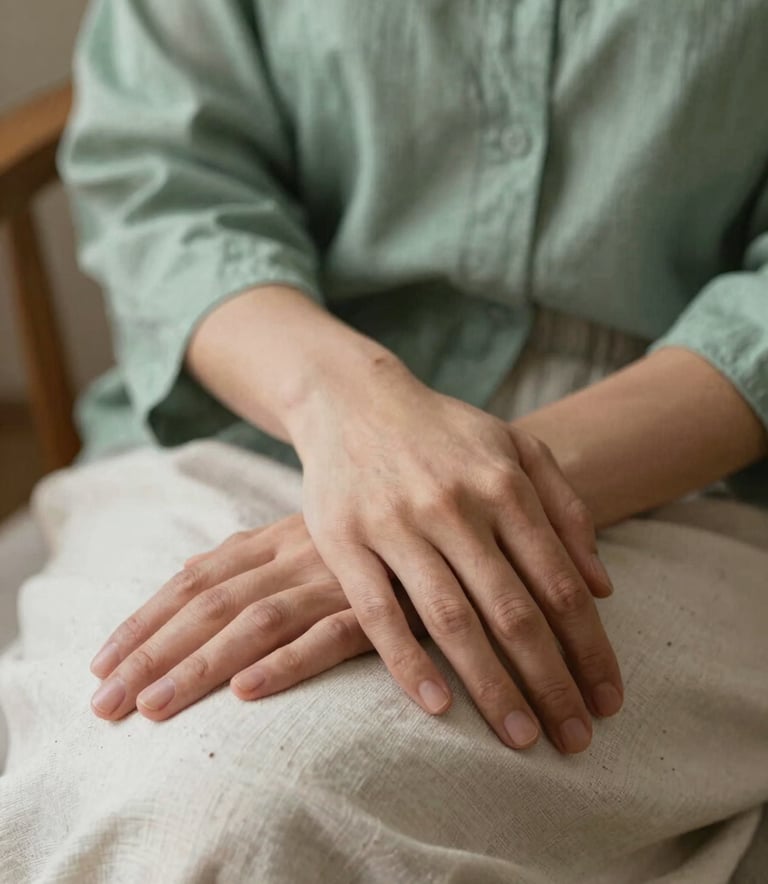 A close-up photograph of a person's hands resting peacefully on a linen fabric in a North American home. The lighting is soft and warm, highlighting the texture of the sage green and off-white clothing. The composition is grounded and serene.