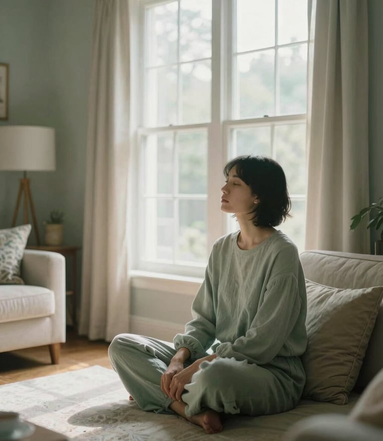 A person sitting peacefully by a large window in a bright North American living room during a quiet morning. The person is in a relaxed, grounded posture with soft sage green and cream tones throughout the room, evoking a sense of inner balance.