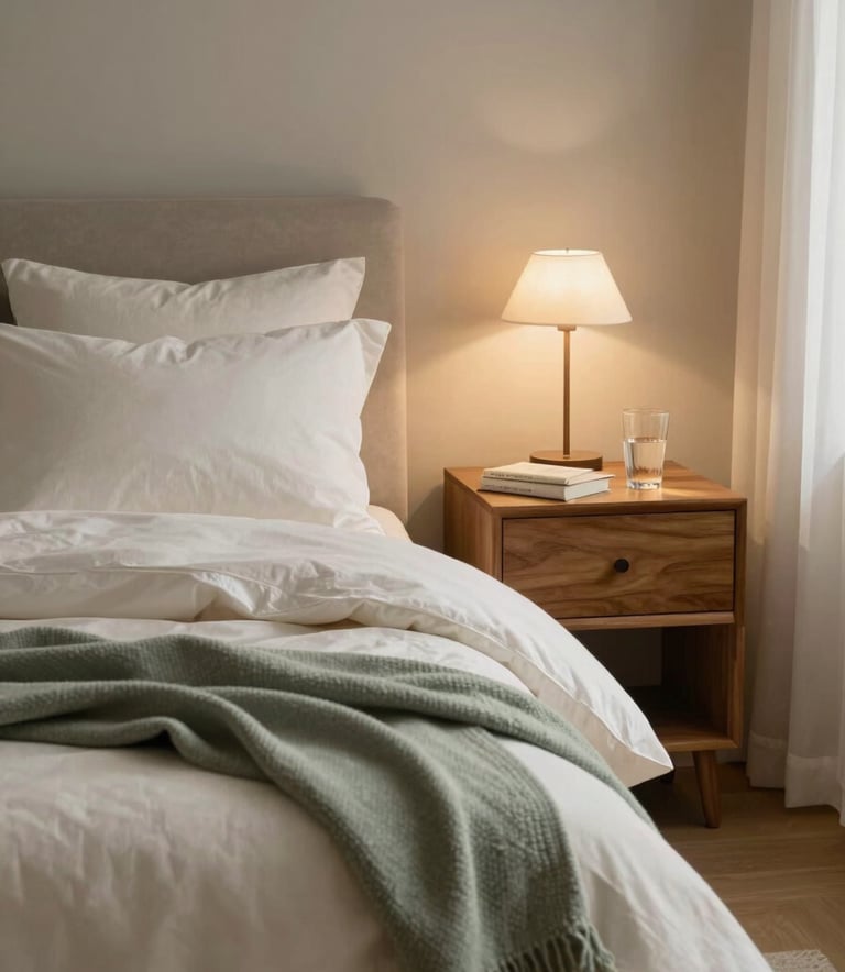 A peaceful bedroom in a North American home, featuring soft off-white bedding and a sage green throw blanket. The lighting is dim and restful, with a single warm bedside lamp illuminating a book and a glass of water on a wooden nightstand.